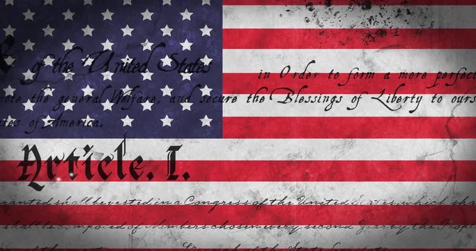 Animation of the words of American Constitution over American flag on white background