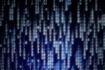 blue binary background. computer big data matrix. multiple exposure photo of LED screen displaying...