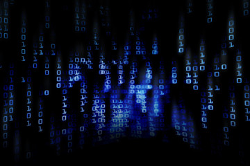 blue binary background. computer big data matrix. multiple exposure photo of LED screen displaying...