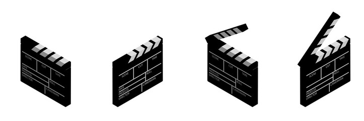 isometric clapper board for shooting the film in the open and closed position. Assistant director. Black and white icon. Vector