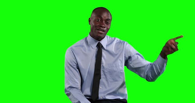 Animation of African American man in suit talking in green background
