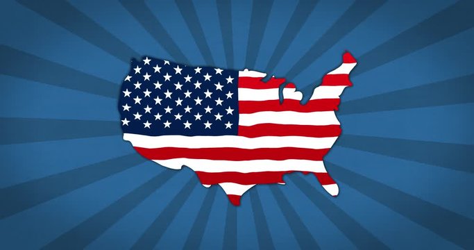 Animation of map of United States of America filled with American flag on blue striped background
