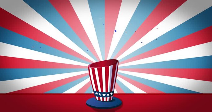 Animation of hat in white over white, blue and red stripes of American flag spinning in the background