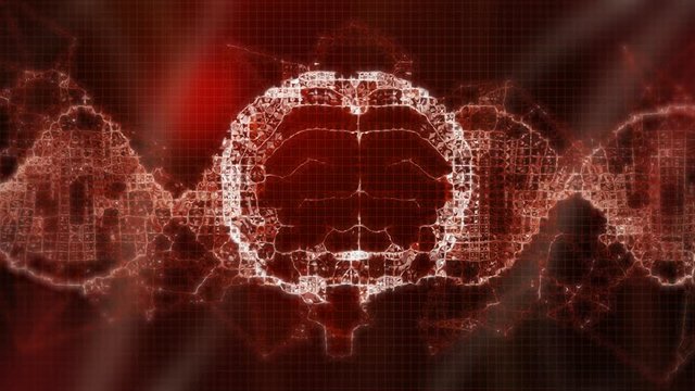 Animation of human brain and a DNA strain made of connections on red and black background