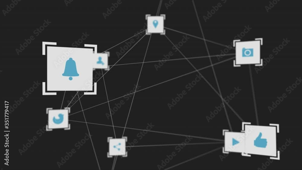 Poster animation of blue digital interface icons moving with network of connections on black background