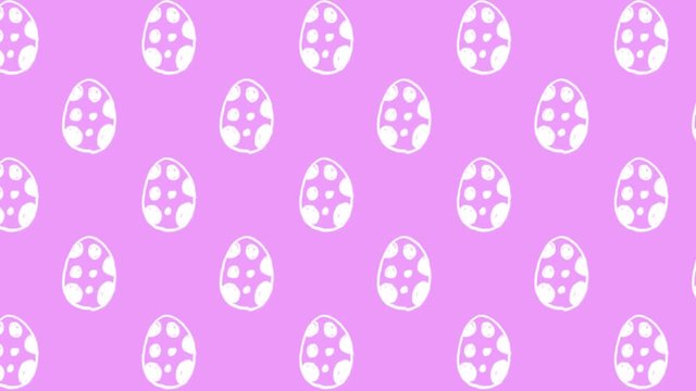 Animation of white patterned Easter eggs moving in rows on pink background