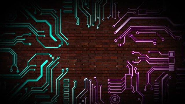 Animation of flickering computer processor integrated circuit board on black background
