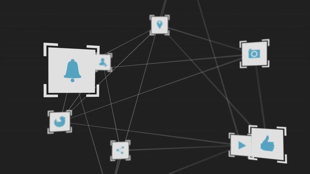 Animation of blue digital interface icons moving with network of connections on black background