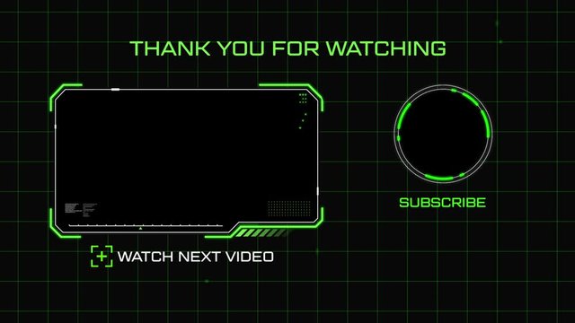Animation of words Thank You For Watching, Subscribe and Watch Next Video links on a neon grid 