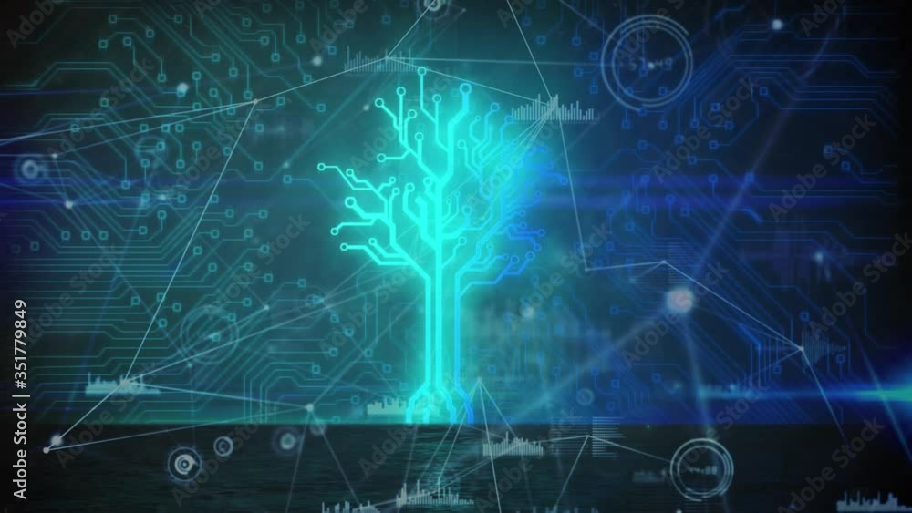 Poster animation of a neon, blue tree with a web of connections with statistics