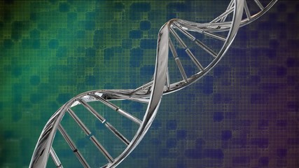 Animation of silver DNA strain spinning over cells moving through a grid - Powered by Adobe