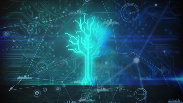 Animation of a neon, blue tree with a web of connections with statistics