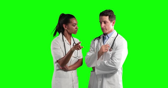 Animation of African American woman and Caucasian man with a surgeon blouse and scrubs in a green