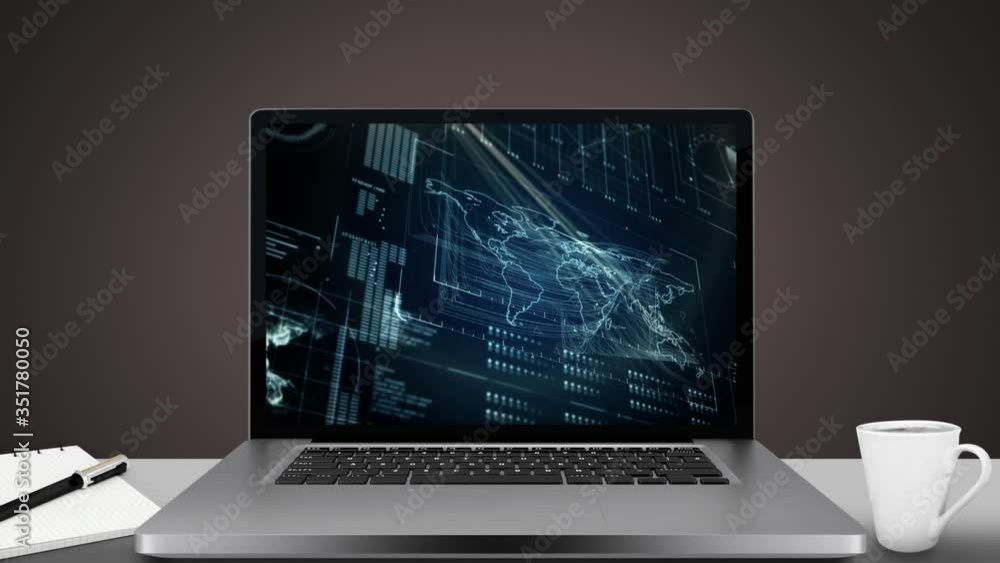 Poster animation of a laptop showing a world map and statistics on the screen