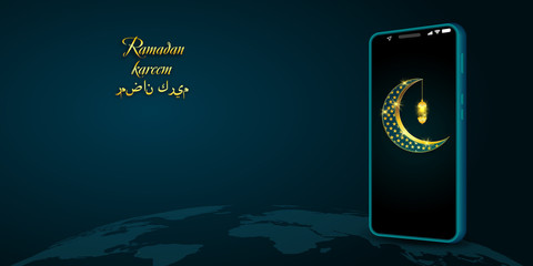 Ramadan Kareem with golden luxurious crescen on mobile, template islamic ornate greeting card. vector illustration.