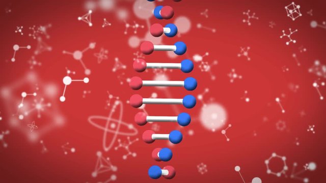 Animation of molecules and chemical elements and DNA strain floating on red background