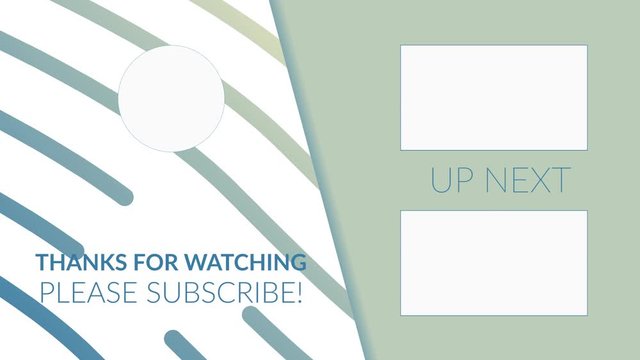 Animation of words Thanks For Watching, and Please Subscribe and Up Next links on grey and white stripes