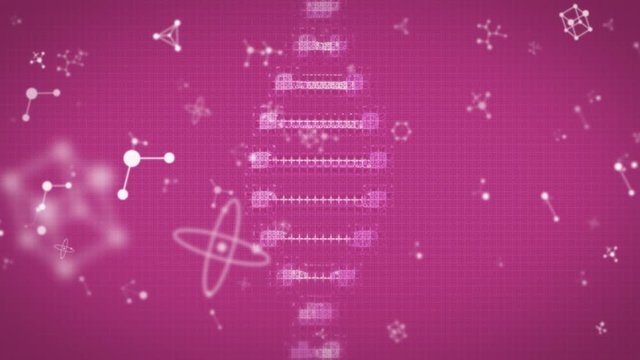Animation of DNA strain spinning with mathematics equations floating on purple background