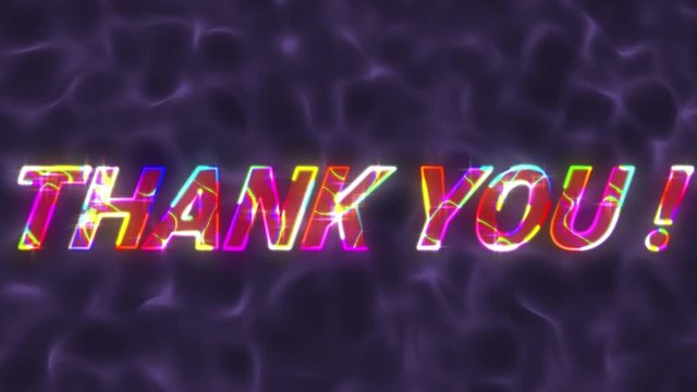 Animation of neon, colorful words Thank You over blue, liquid background