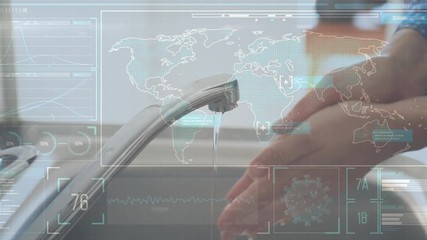 Animation of a world map with data and statistics over a person washing hands during coronavirus Covid-19 - Powered by Adobe