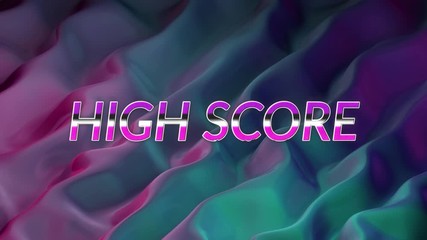 Animation of pink, neon words High Score over purple and blue liquid background - Powered by Adobe