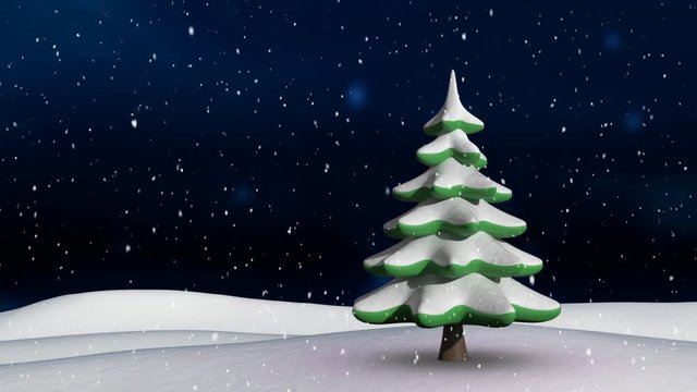 Animation of a Christmas tree appearing and turning in a snow covered field