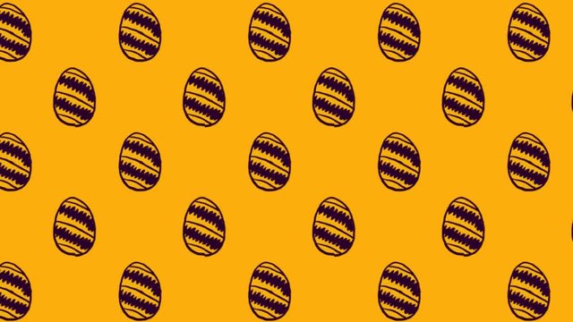 Animation of patterned Easter eggs moving in rows on yellow background