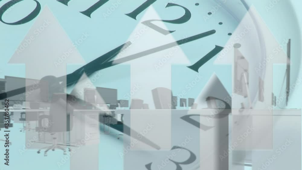 Poster animation of white arrows going up with empty office desks and computers on clock ticking