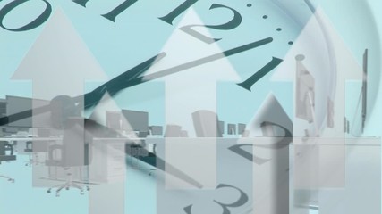 Animation of white arrows going up with empty office desks and computers on clock ticking - Powered by Adobe