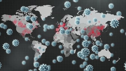 Animation of macro Covid-19 cells floating over a white world map turning red - Powered by Adobe