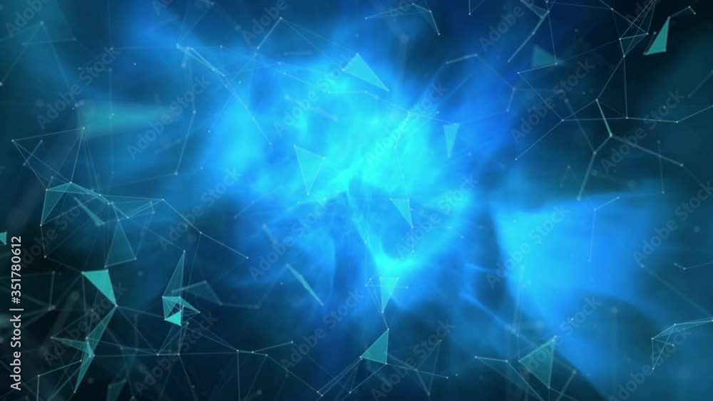 Poster animation of multiple triangles moving on blue glowing background
