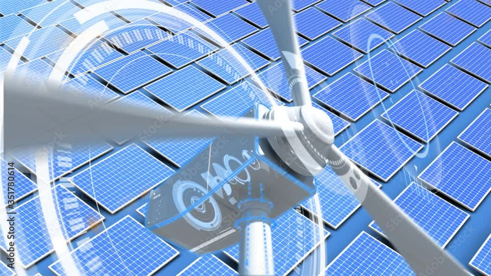 Poster animation of a wind turbine rotating on a background of several solar panels