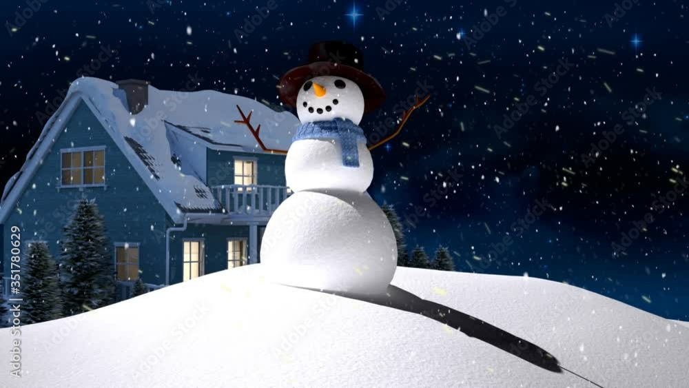 Wall mural animation of a smiling snowman standing in a snow-covered field