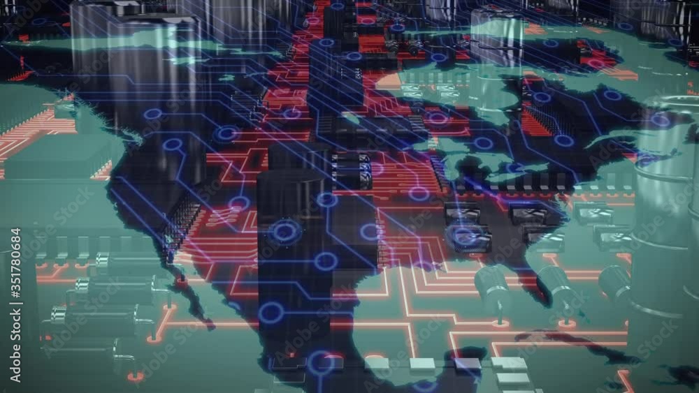 Poster animation of a world map with blue connections over a microprocessor with red connections