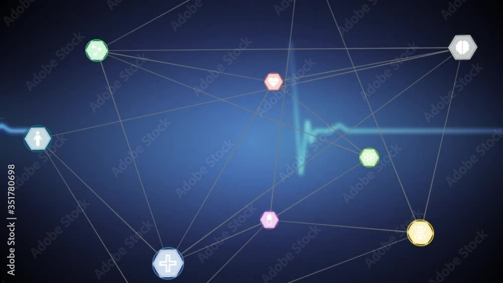 Poster animation of network of connections with digital icons floating over heart rate monitor