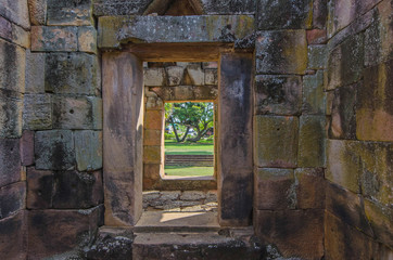 Pathway and doors of sandstone castle to park