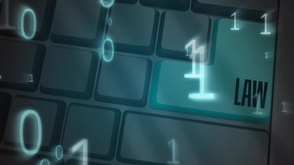 Animation of the word Law on the return key of a computer keyboard with binary numbers floating in t - Powered by Adobe