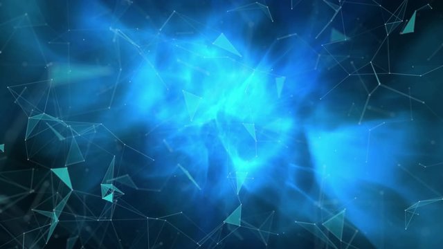 Animation of multiple triangles moving on blue glowing background