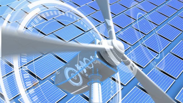 Animation of a wind turbine rotating on a background of several solar panels