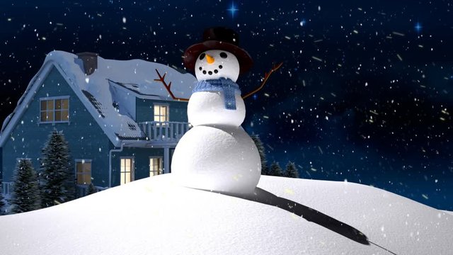 Animation of a smiling snowman standing in a snow-covered field