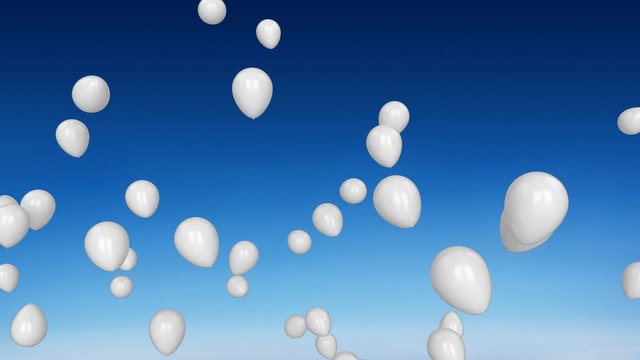 Animation of white balloons flying in a blue sky