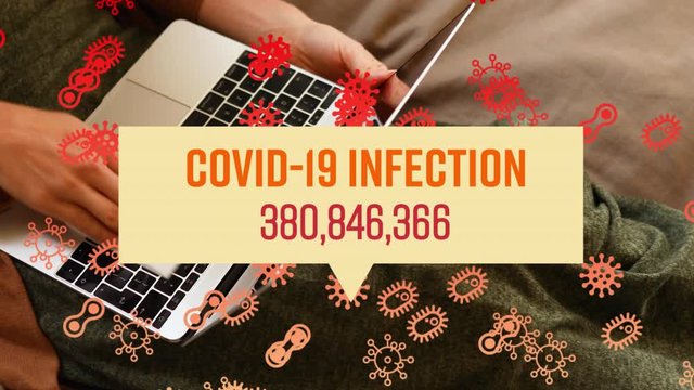 Animation of speech bubble with Covid-19 Infection number rising with Covid-19 cell icons floating