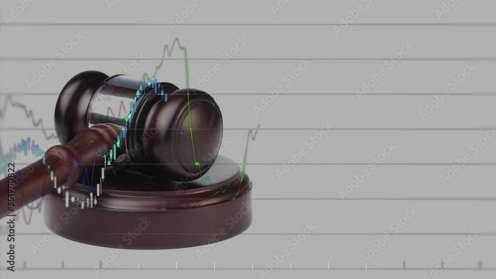 Poster animation of a judge hammer over graph lines on white background