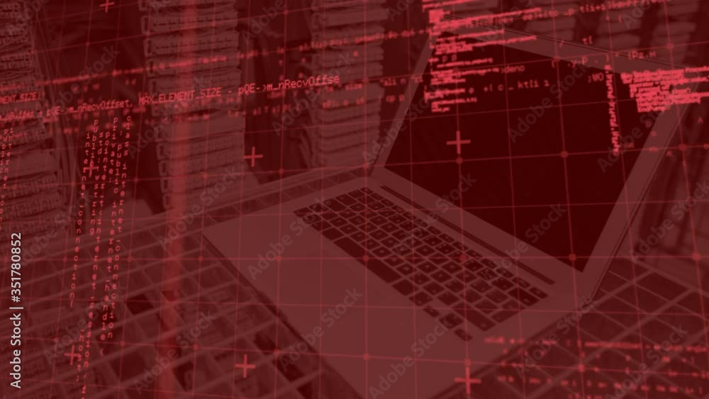 Poster animation of red digital data moving over a laptop in background