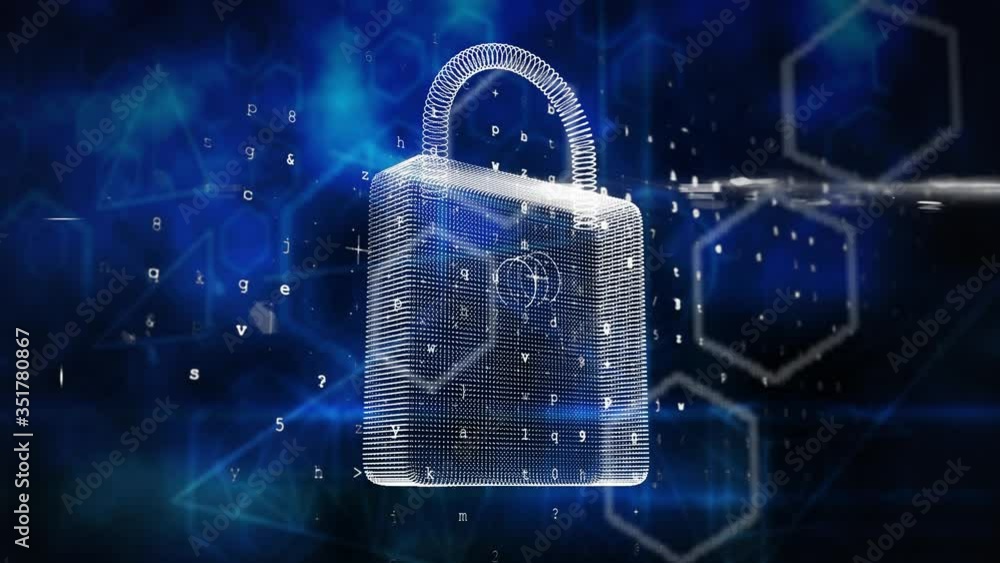 Poster animation of a 3d digital padlock symbol with changing numbers and letters