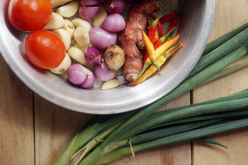 Indonesia herbs and spices on wooden table. Top view with selective focus.                              