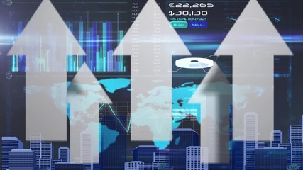 Animation of white arrows pointing up over data processing and statistics recording on a screen - Powered by Adobe