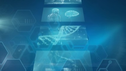 Animation of multiple screens showing strand of DNA, red blood cells and virus spreading on black background - Powered by Adobe