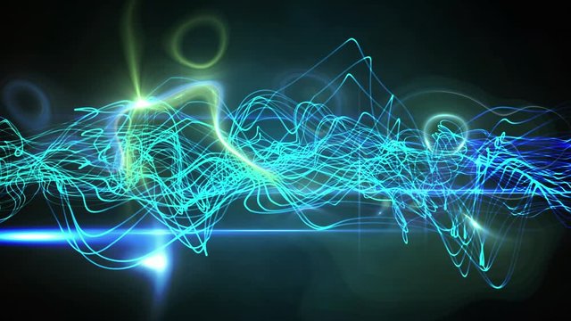 Animation of multiple blue shiny light lines moving on black background