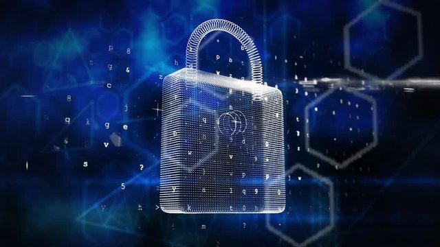 Animation of a 3d digital padlock symbol with changing numbers and letters
